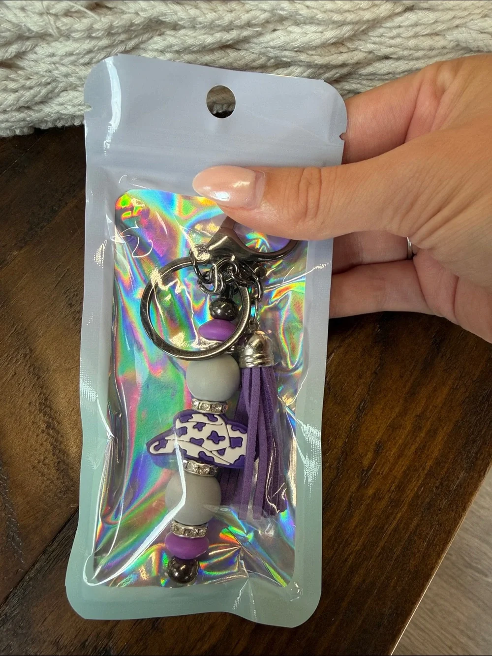Purple Tassel Bead Keychain with Cow Charm
